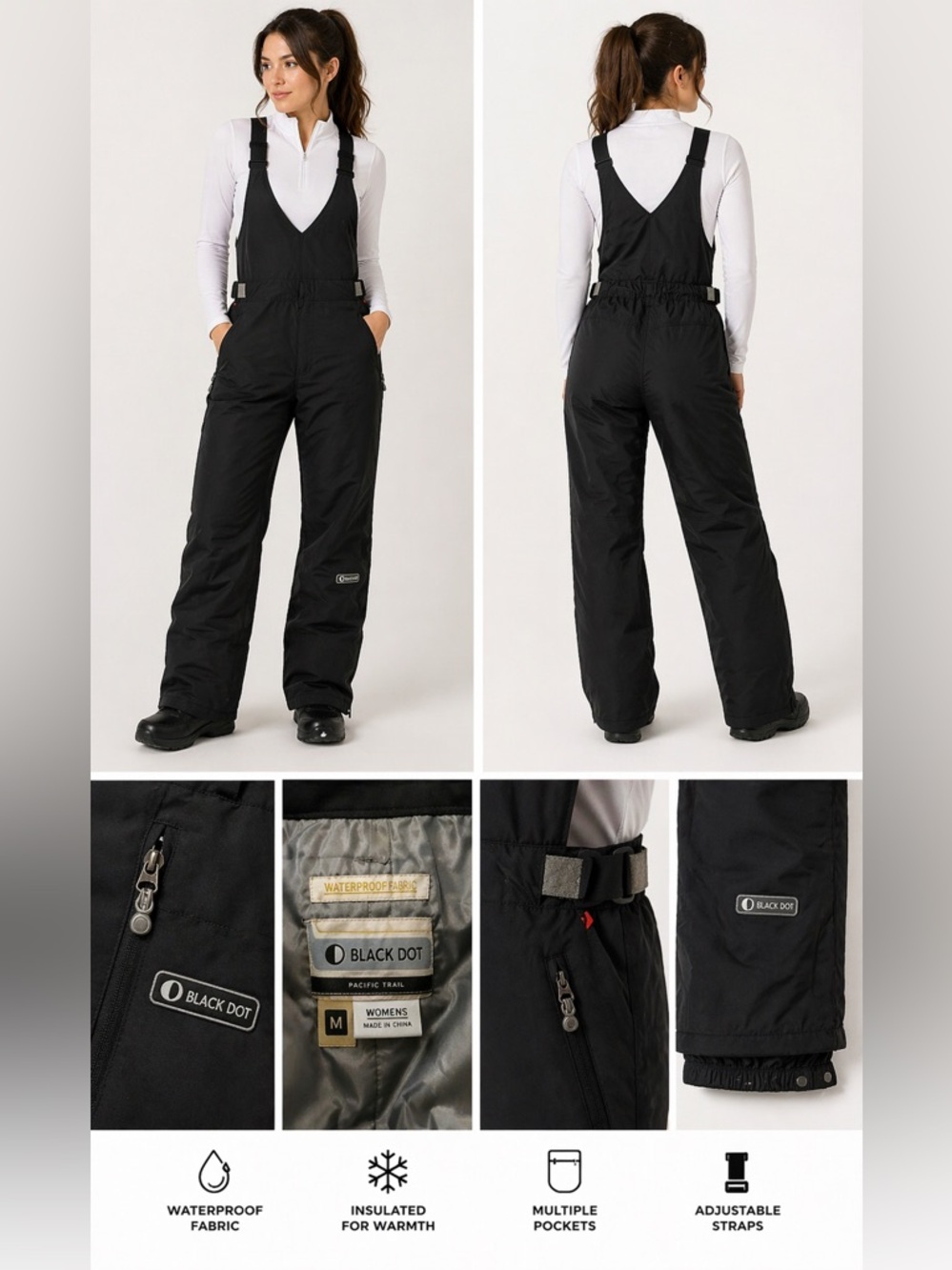 NWT Black Dot Pacific Trail Ski Bib Snow Pants Women’s M Waterproof Overalls
